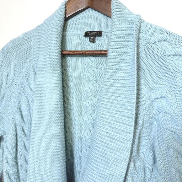 Talbots Sweaters - Talbots Womens 100% Wool Cable Knit Shawl Collar Open Cardigan Blue Size M